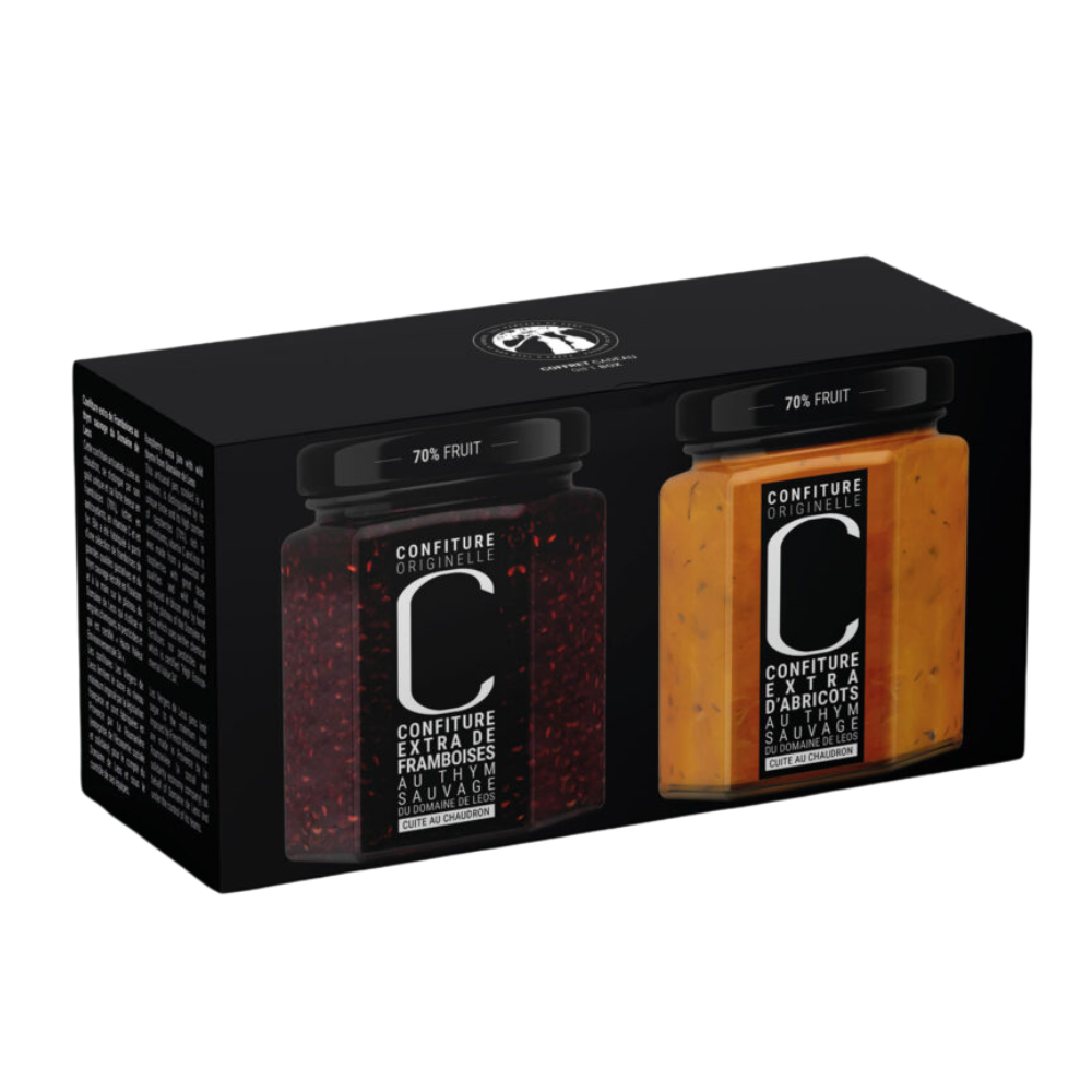 2 « extra » jams (70% of fruit) Apricots and raspberries with wild thyme from Domaine de Leos